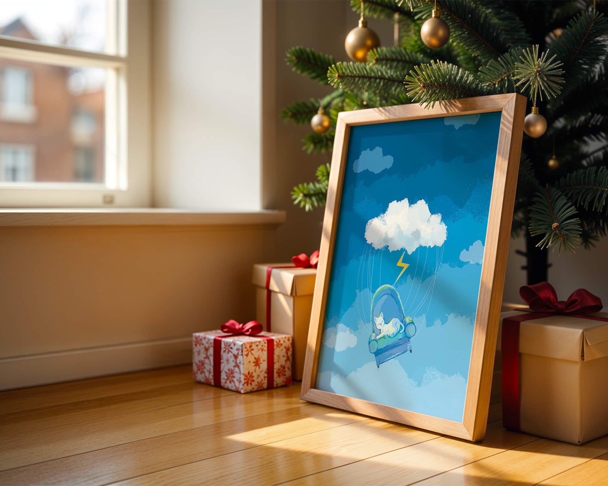 Dreamy Cat on a Floating Armchair in a Surreal Cloudy Sky