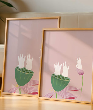Whimsical Rabbits on Lotus with Pink Background