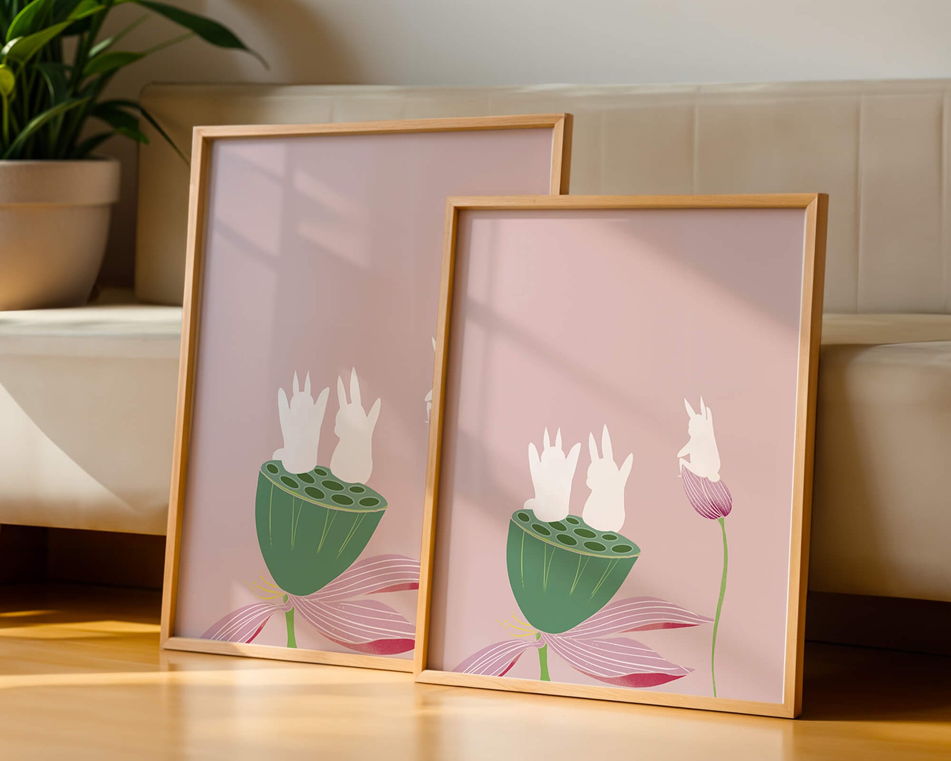 Whimsical Rabbits on Lotus with Pink Background