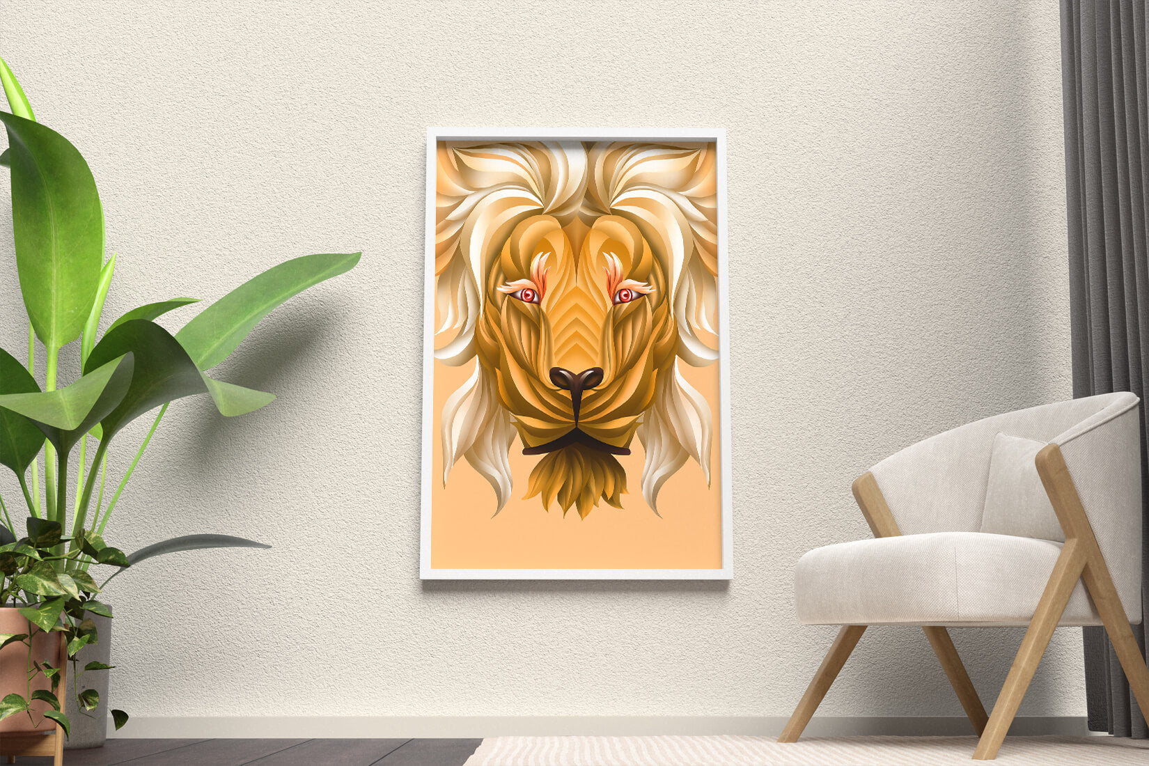 Lion Face with Intricate Golden Pattern and Flowing Mane