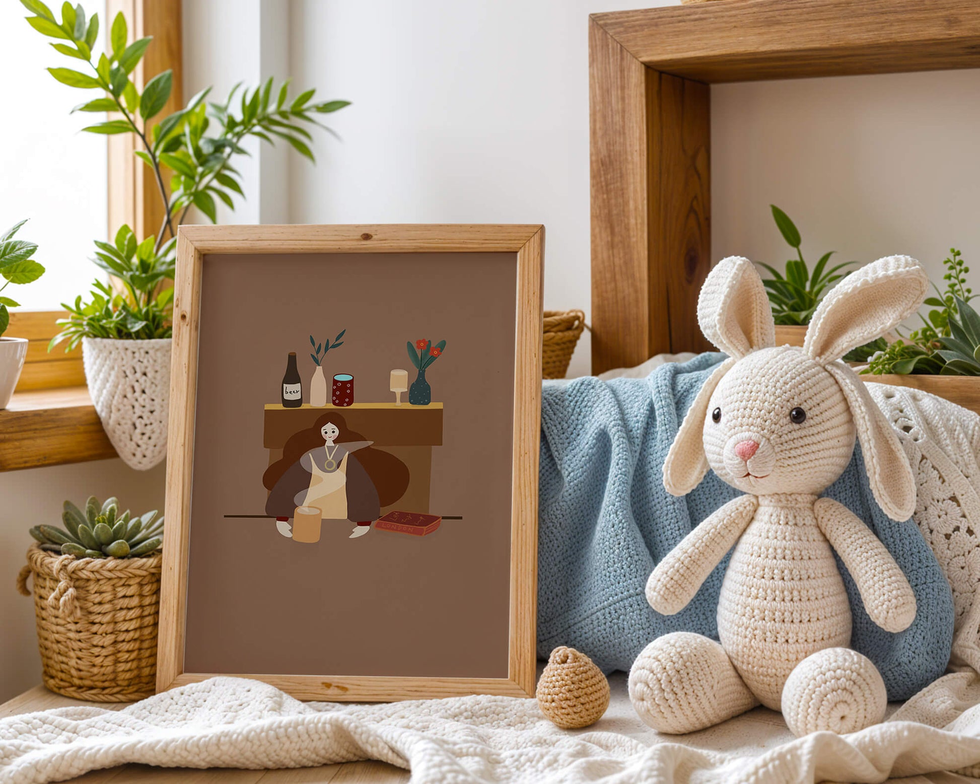 Escena acogedora con mujer junto a la chimenea y elementos decorativos