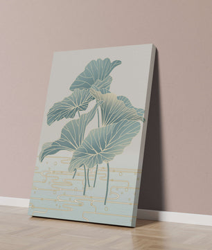 Elegant botanical illustration featuring large leaves with golden accents