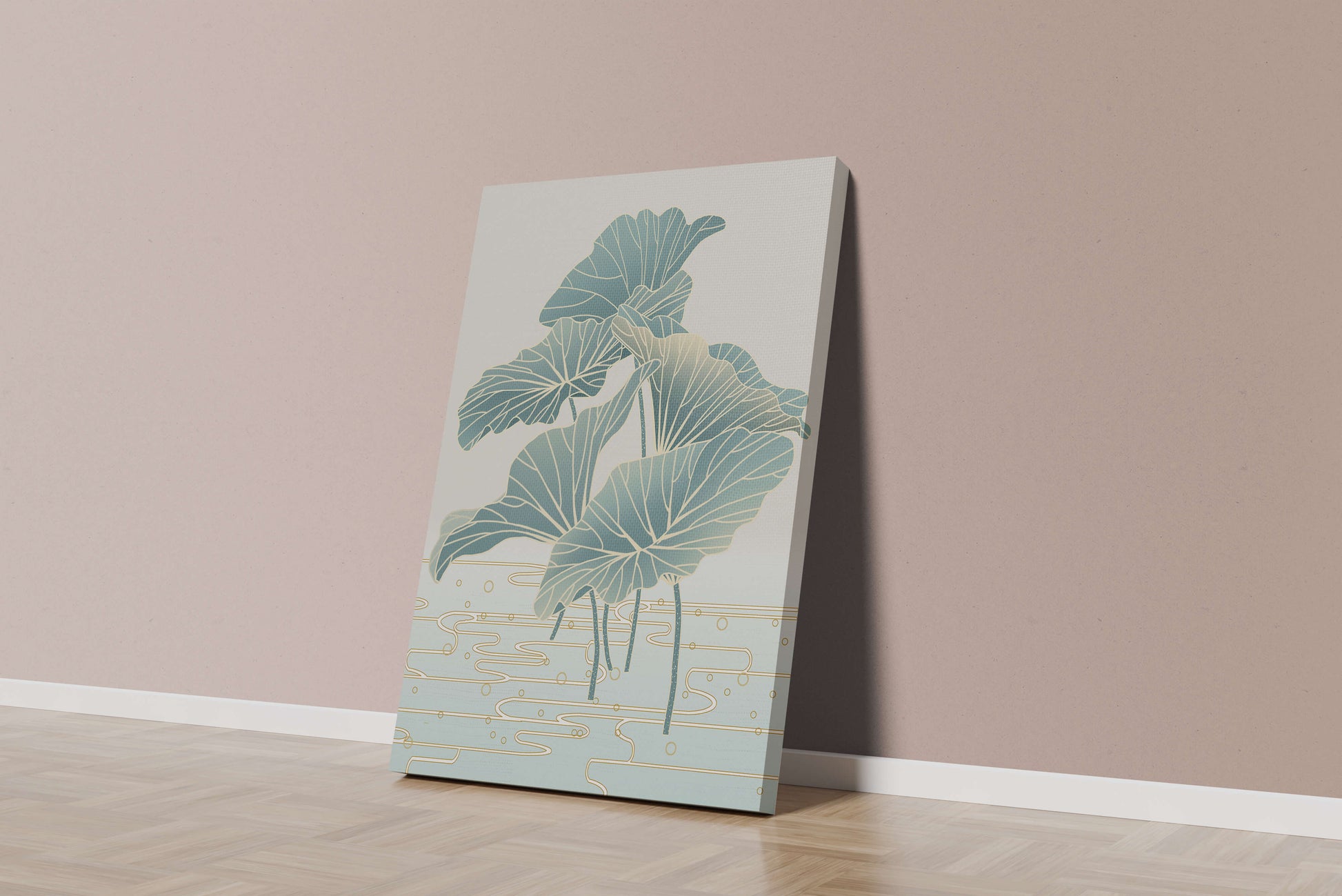 Elegant botanical illustration featuring large leaves with golden accents