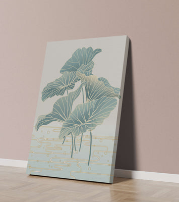 Elegant botanical illustration featuring large leaves with golden accents