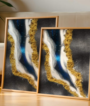 Abstract flowing design with gold, blue, and white textures