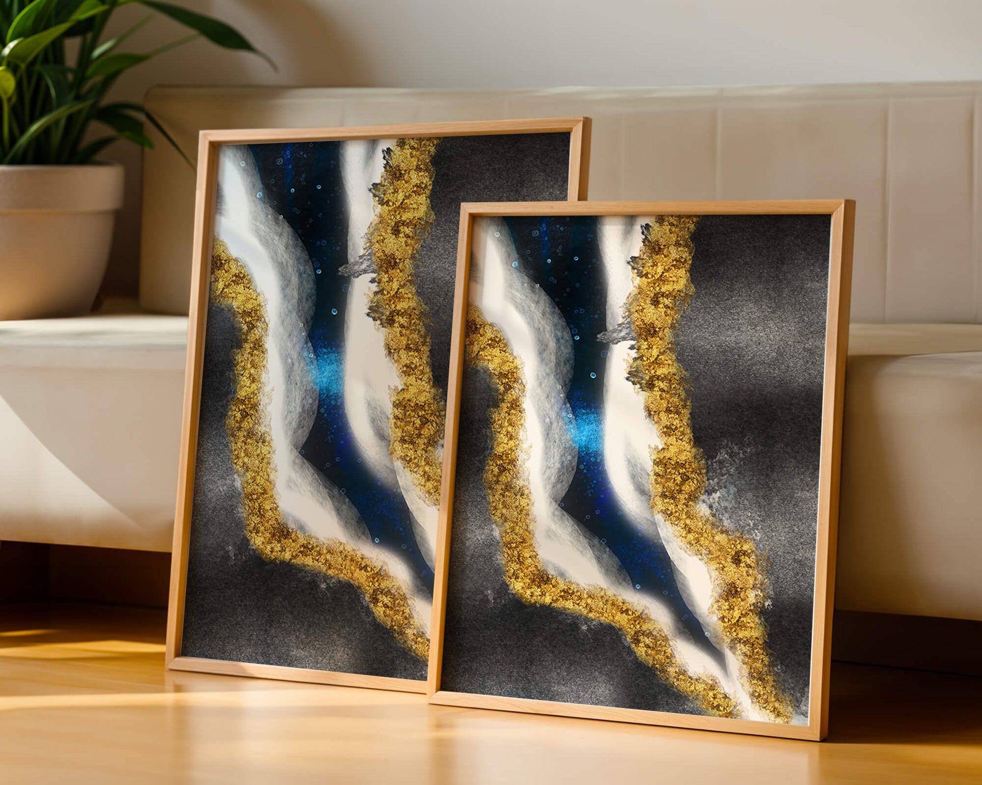 Abstract flowing design with gold, blue, and white textures