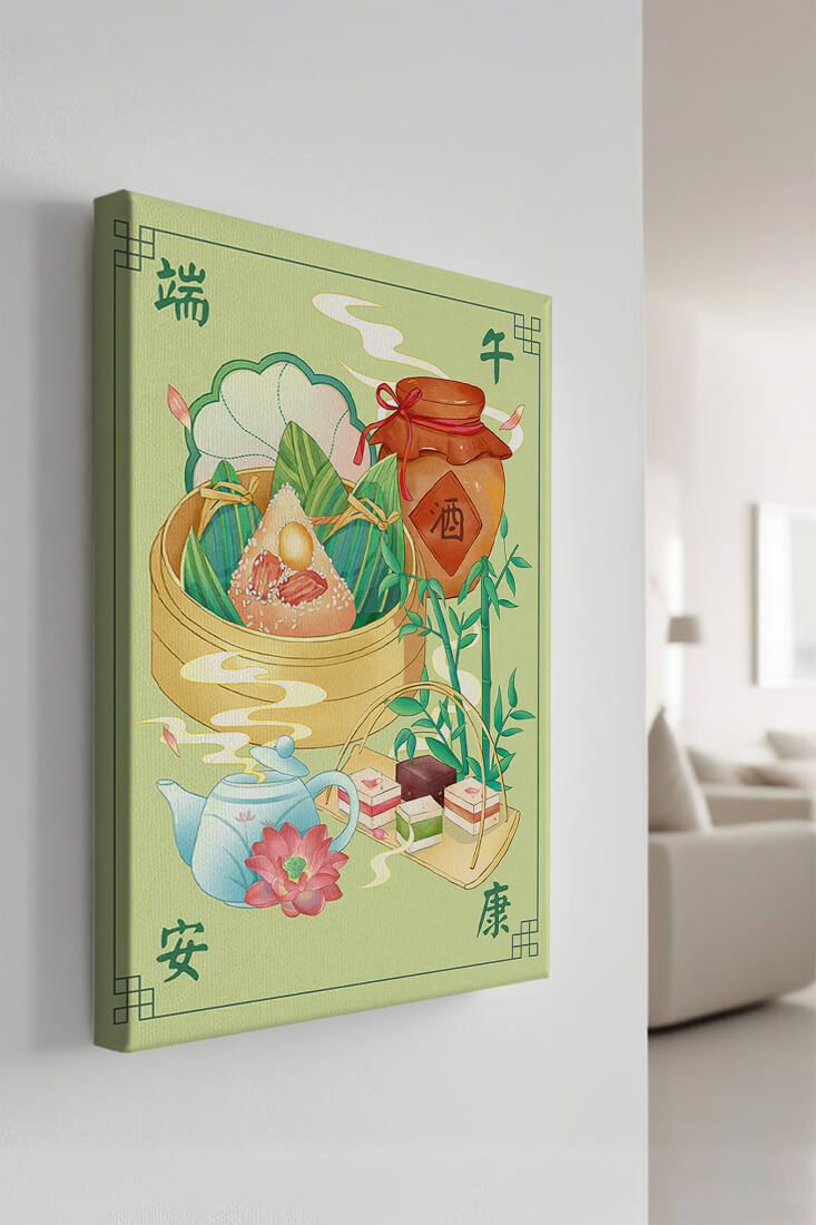 Chinese festive food illustration featuring traditional rice dumplings and tea set