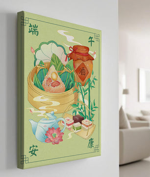 Illustration de nourriture festive chinoise mettant en scène des zongzi traditionnels et un service à thé