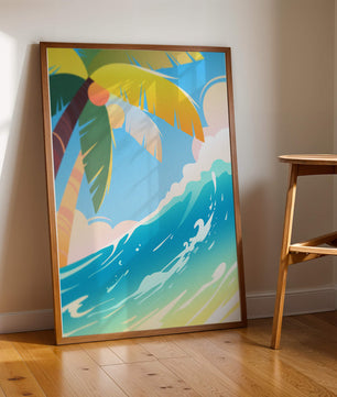 Escena vibrante de playa tropical con palmera y ola del océano