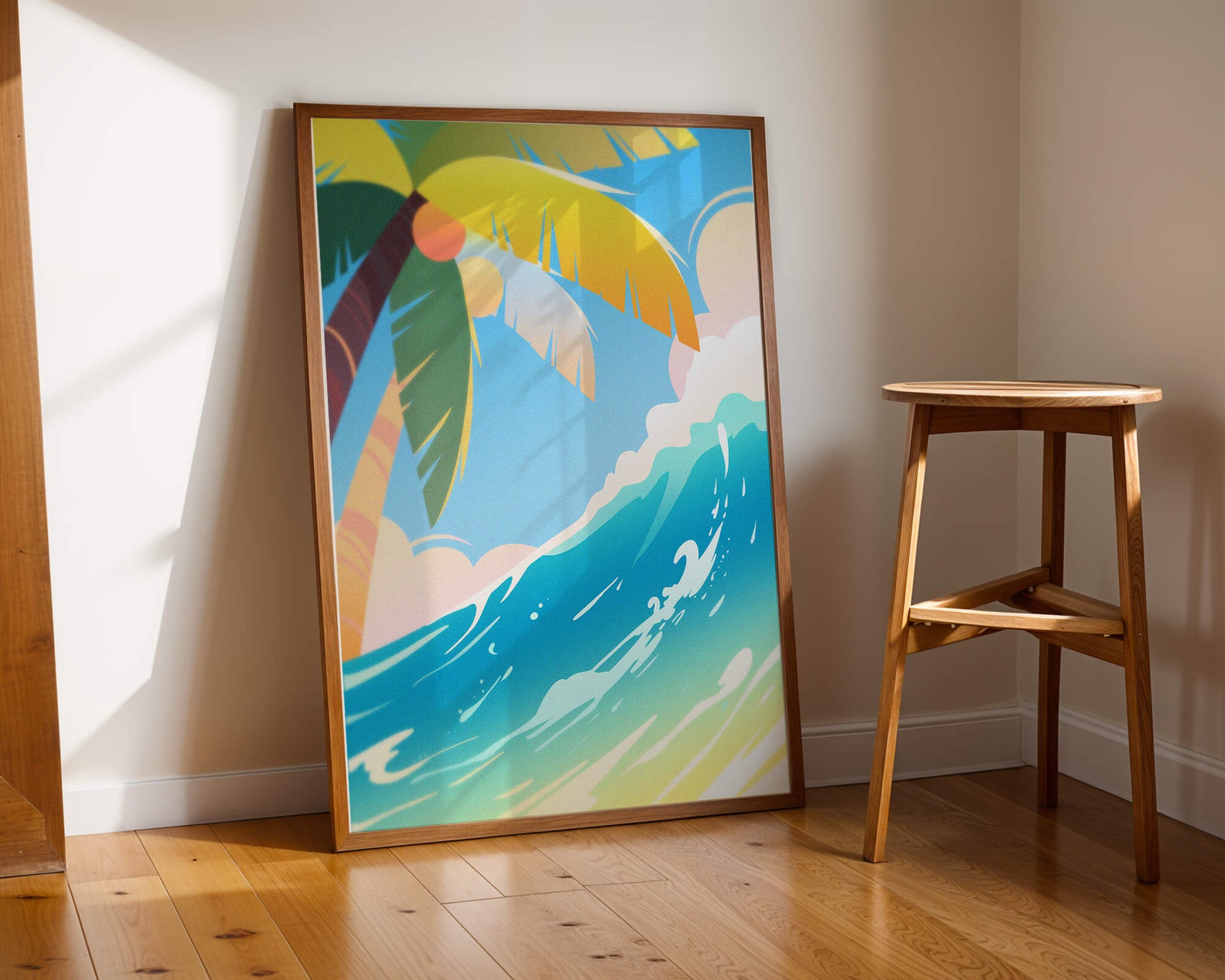 Escena vibrante de playa tropical con palmera y ola del océano