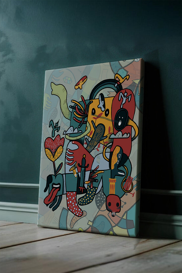 Composición artística surrealista abstracta con colores vibrantes