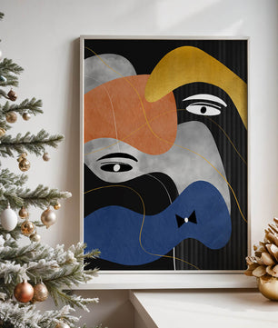 Abstract geometric art with bold colors and gold accents