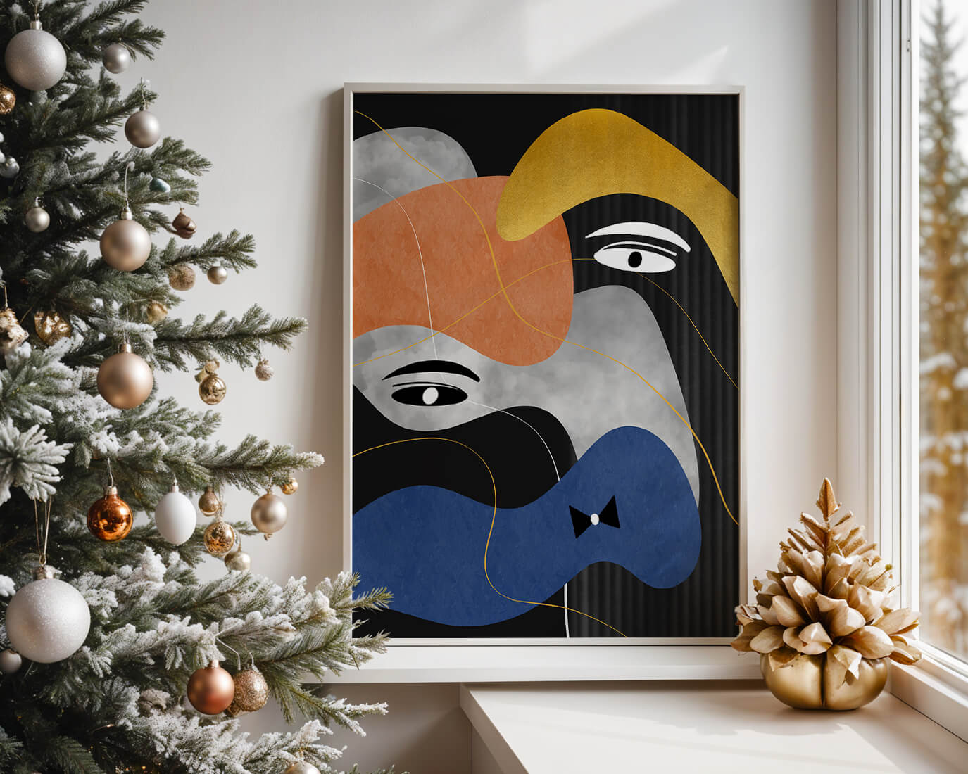 Abstract geometric art with bold colors and gold accents