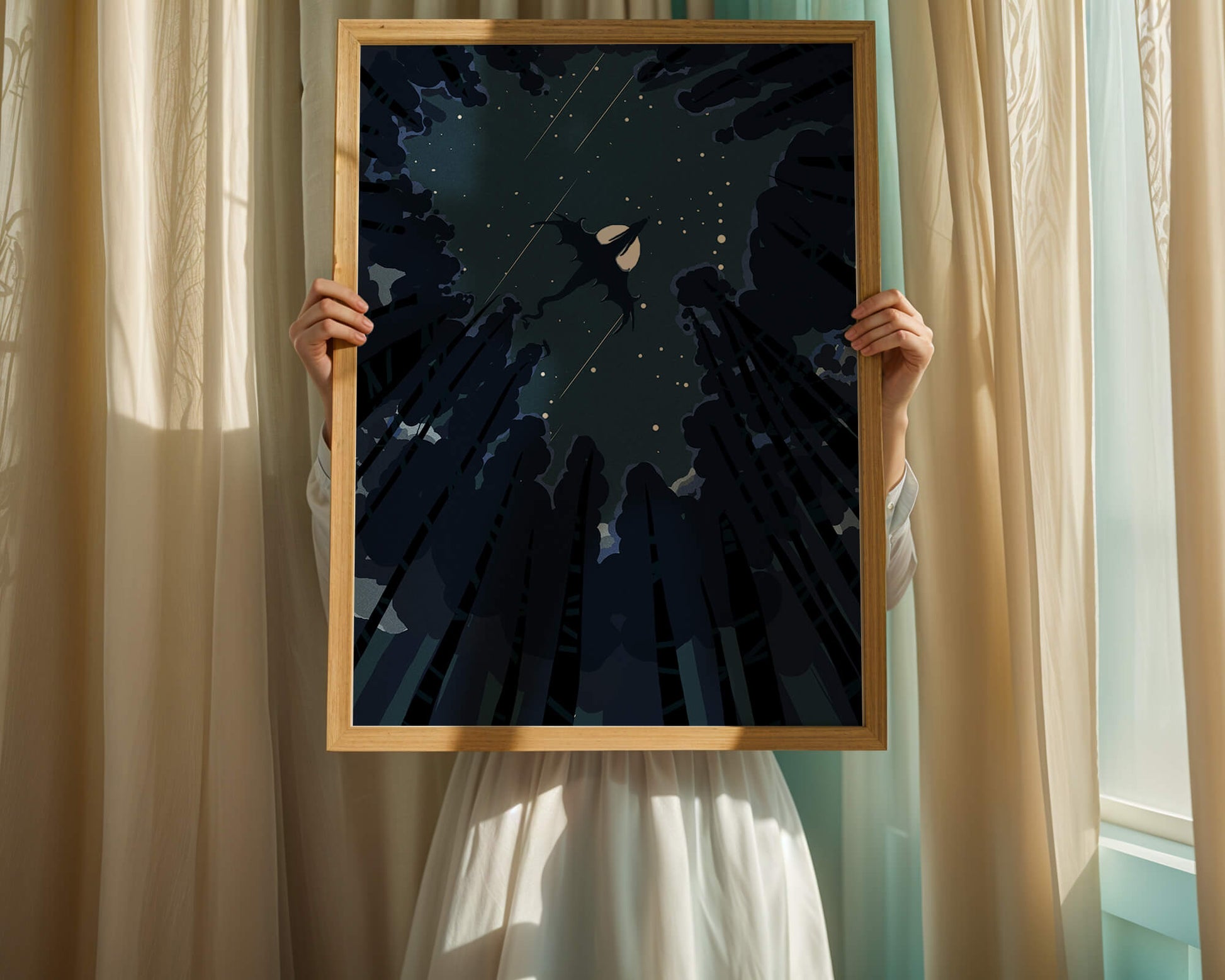 Dragon flying through starry night sky above dark forest