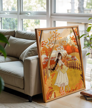 Illustration of a Girl in a Yellow Dress in Autumn Scenery