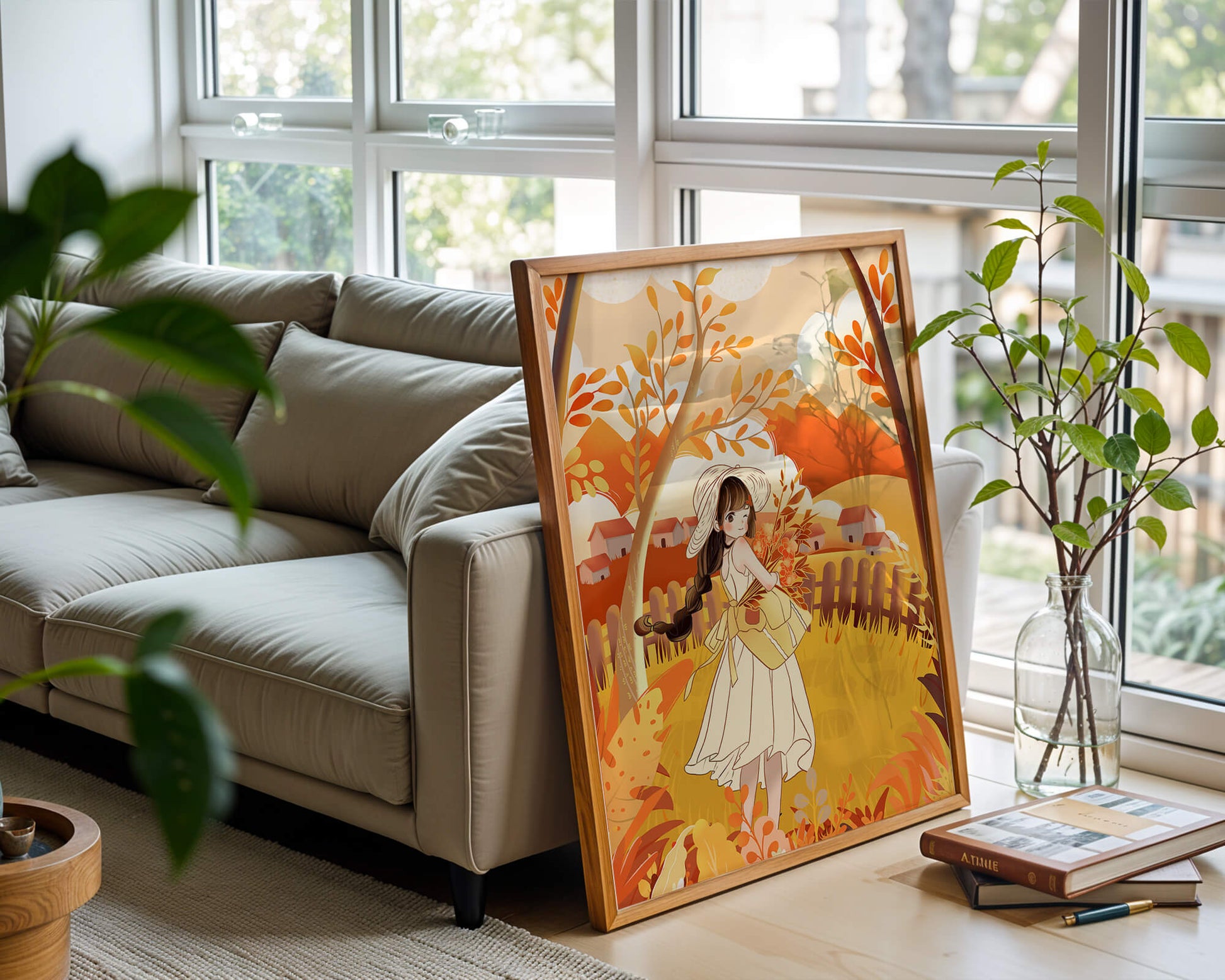 Illustration of a Girl in a Yellow Dress in Autumn Scenery