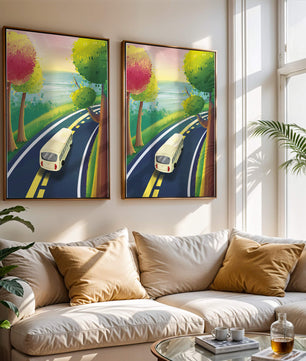 Scenic Road Trip with Vibrant Trees and Sunset