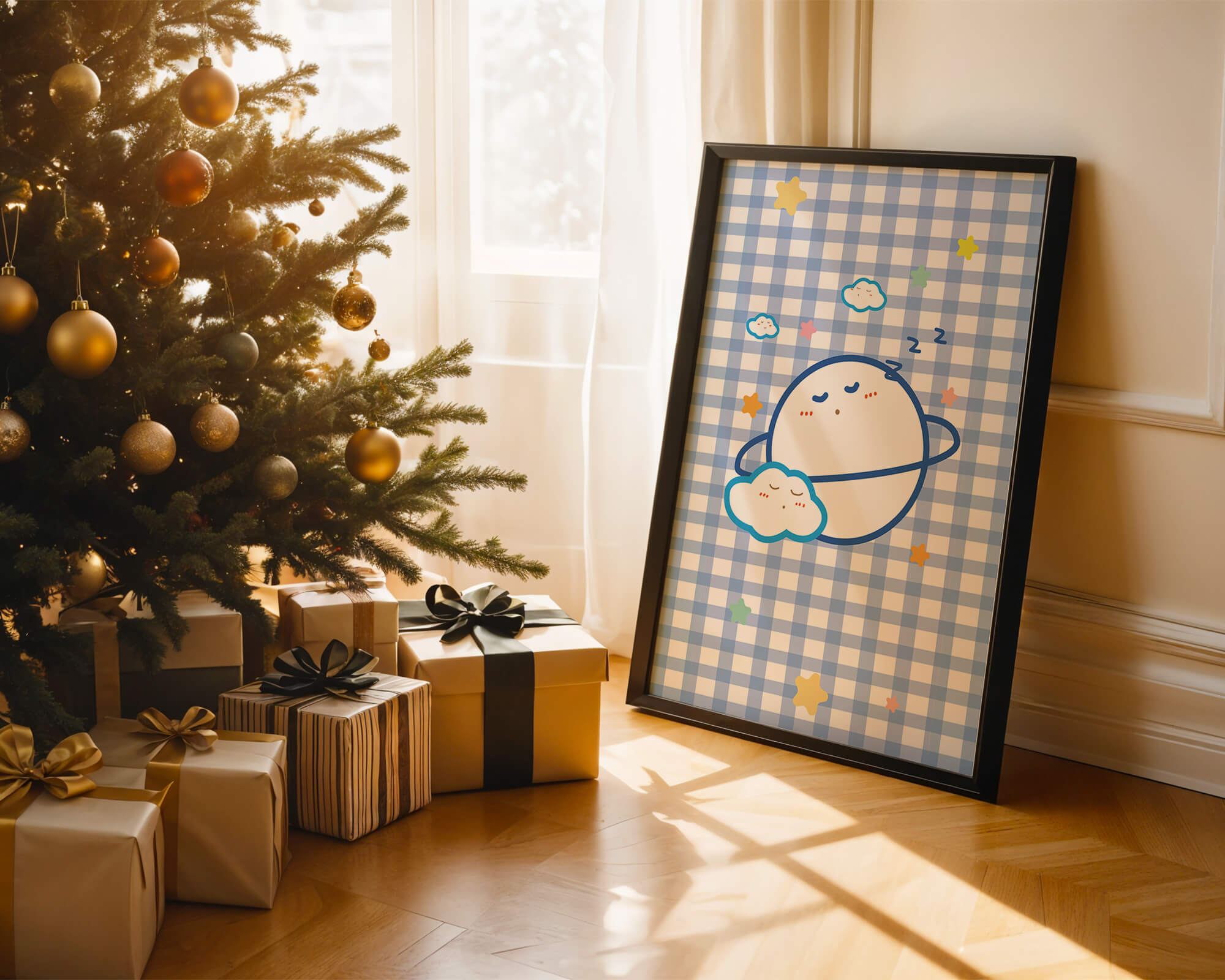 Whimsical sleep theme with planets and clouds on a checkered background