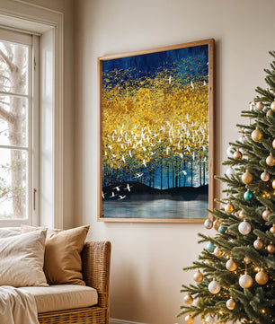Vibrant Forest Landscape with Birds and Golden Leaves