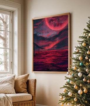 Surreal Scarlet Landscape with Bridge and Celestial Body