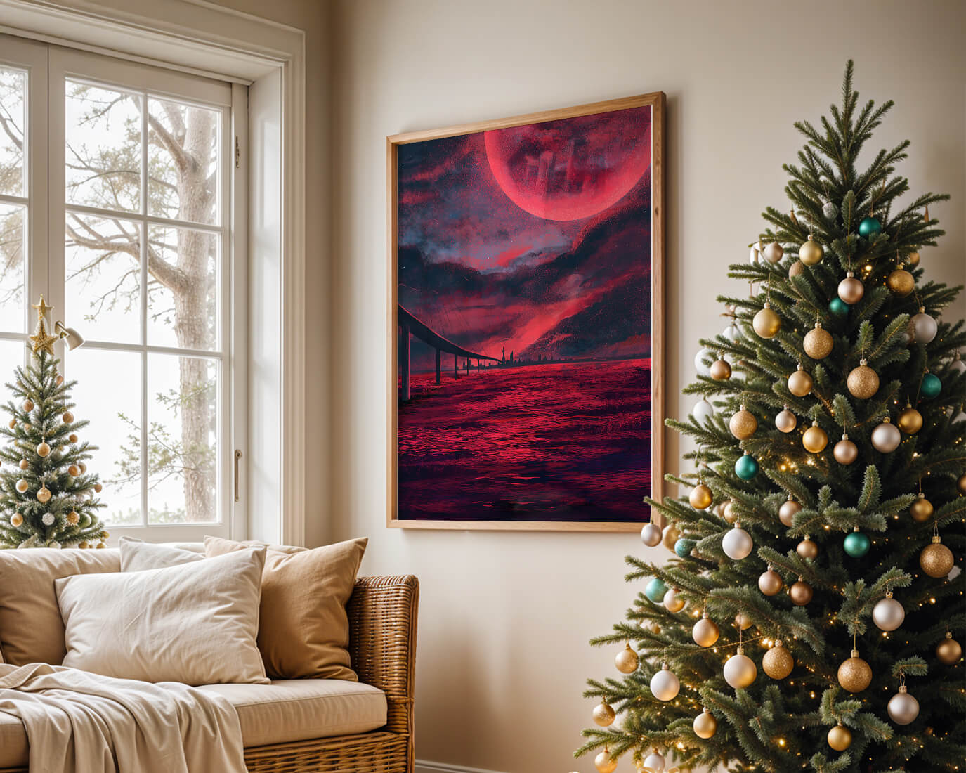 Surreal Scarlet Landscape with Bridge and Celestial Body