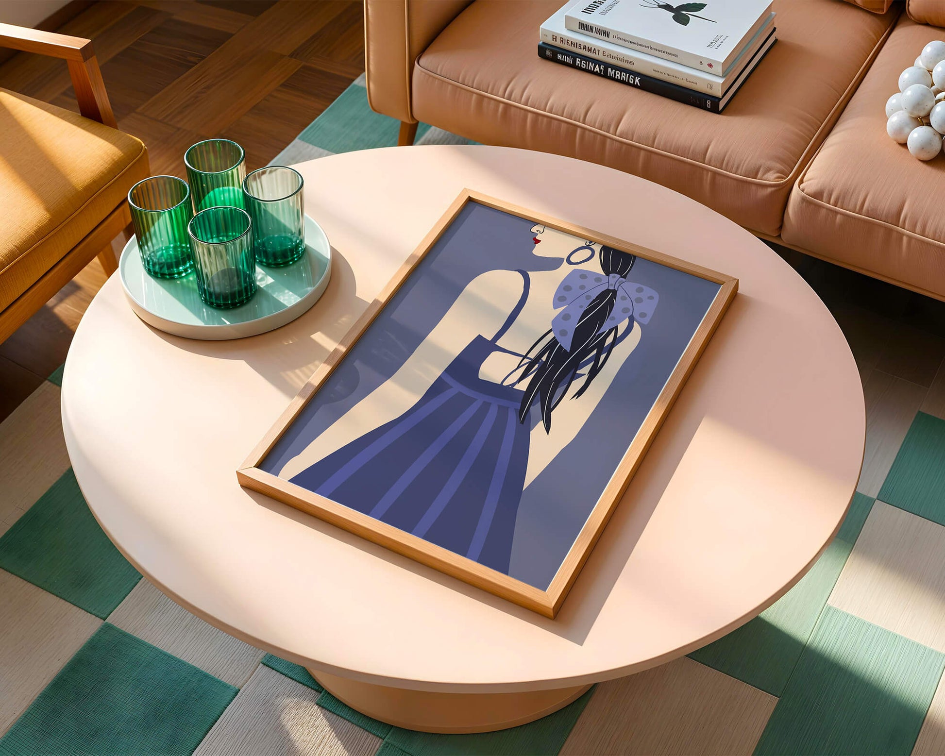 Stilvolle Illustration einer Frau mit gepunkteter Schleife und blauem Kleid