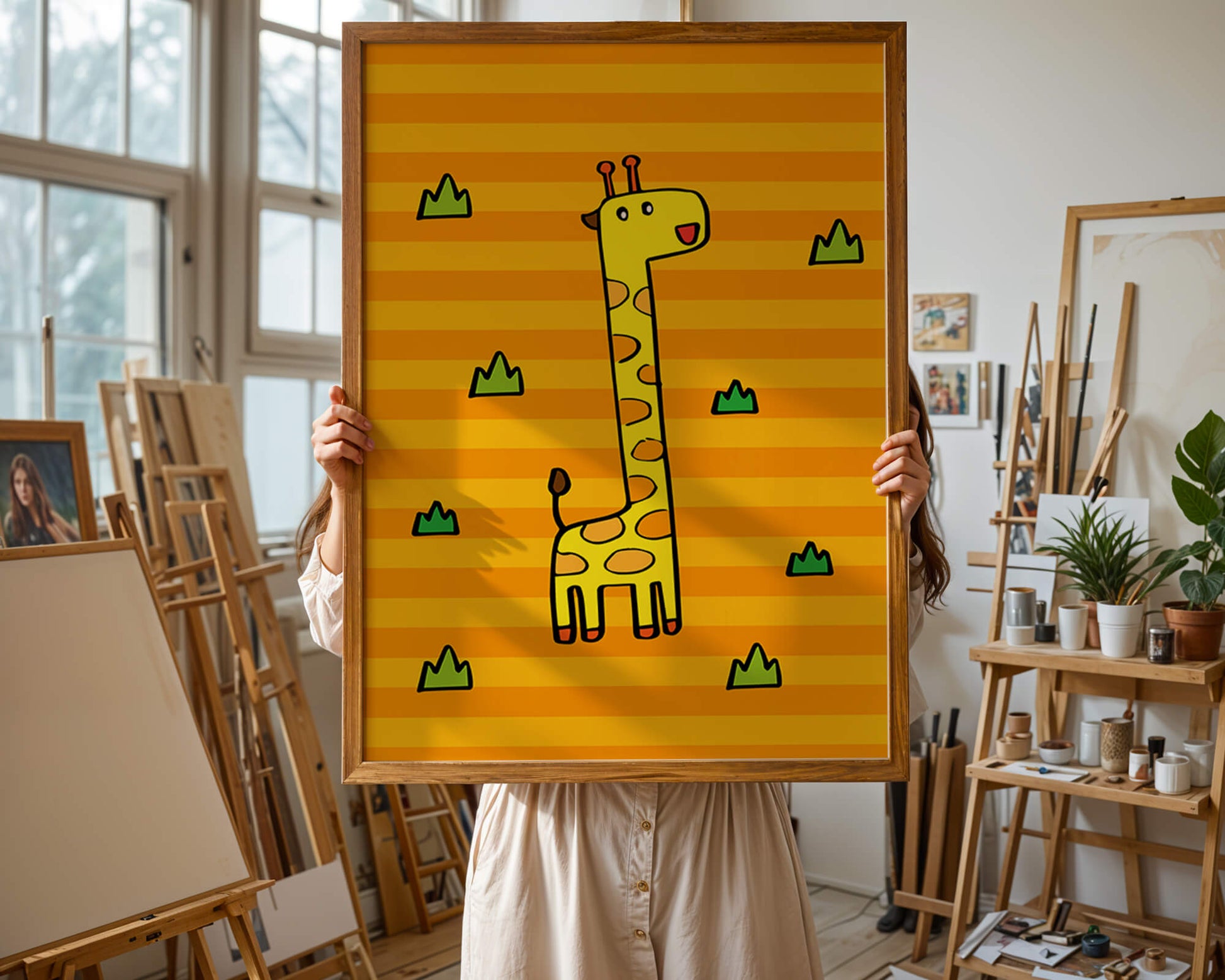 Bright cartoon giraffe illustration on a striped background