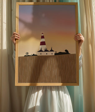 Lighthouse at Dusk with Colorful Sky and Field Landscape