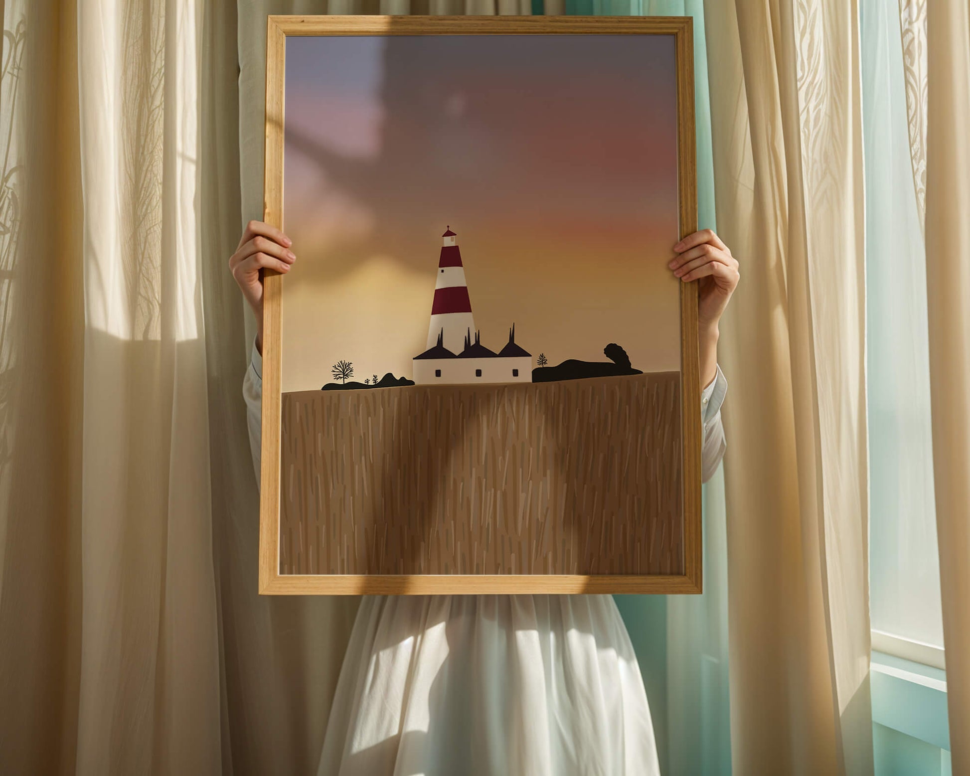 Lighthouse at Dusk with Colorful Sky and Field Landscape