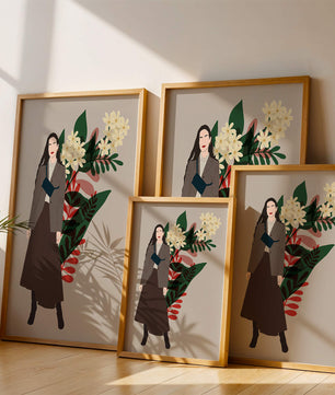 Elegant woman illustration with floral background in earthy tones