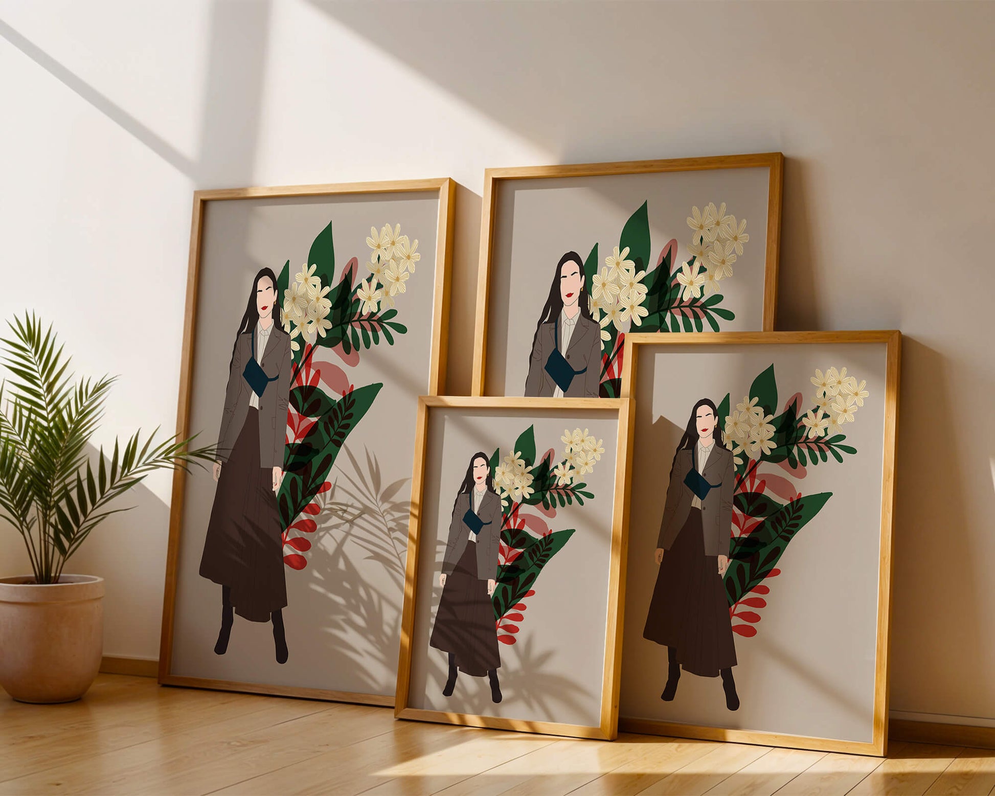 Elegant woman illustration with floral background in earthy tones