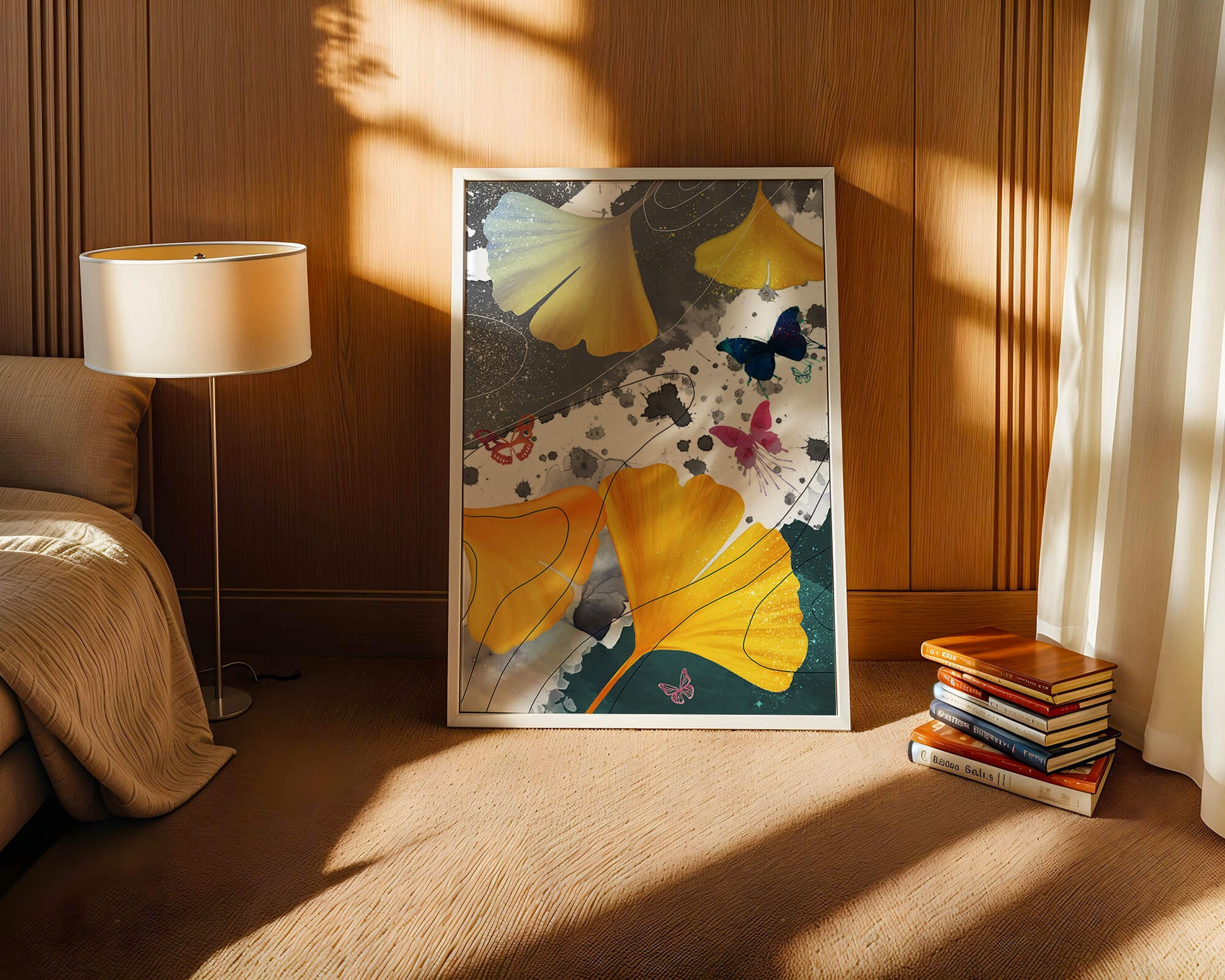 Composición artística con hojas amarillas y mariposas