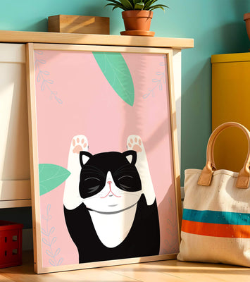 Illustrated cat on pink background with leaves