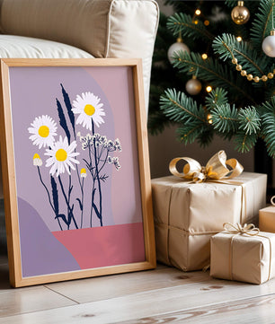 Zarte weiße Gänseblümchen mit gelben Zentren auf modernem Pastell-Hintergrund