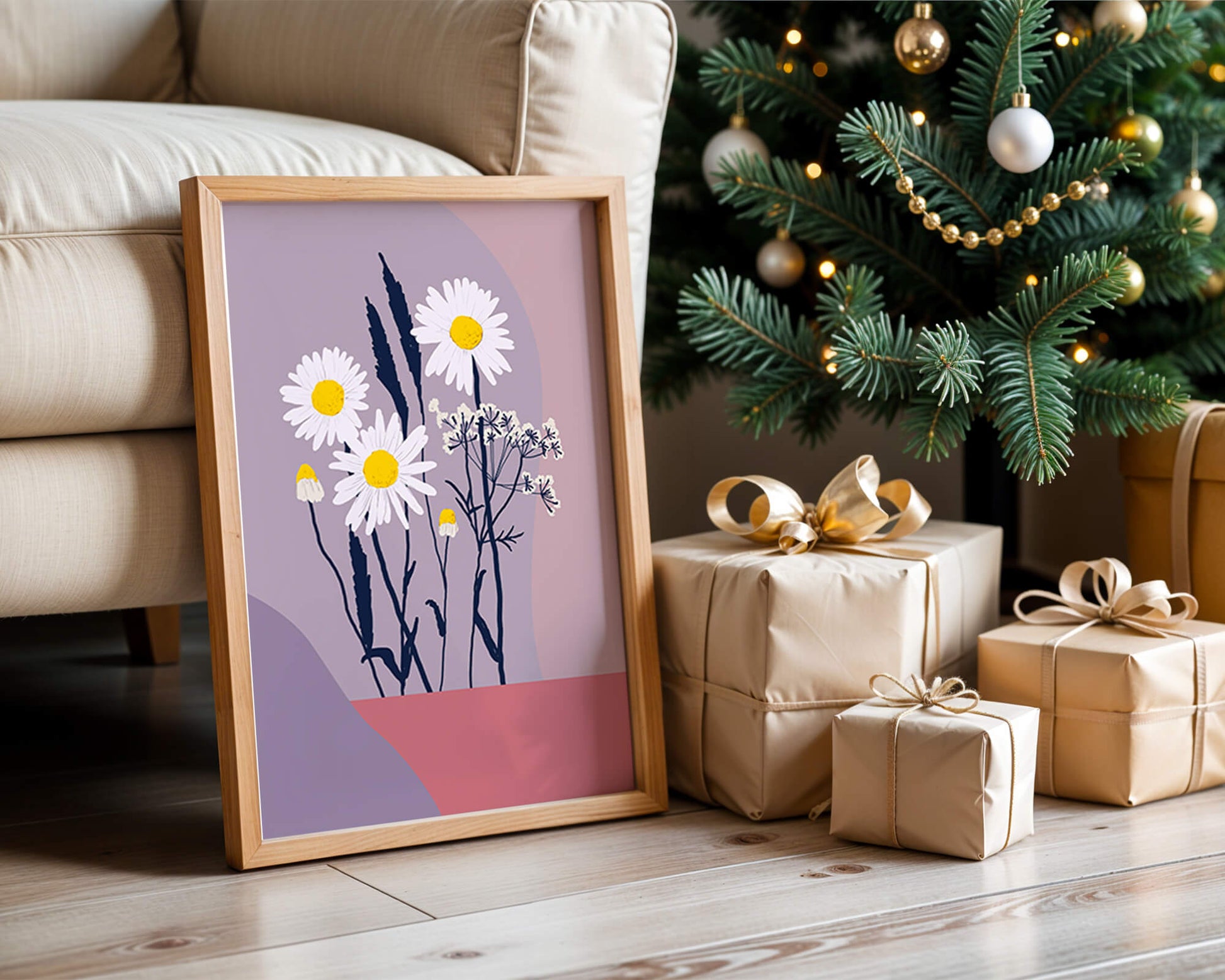 Zarte weiße Gänseblümchen mit gelben Zentren auf modernem Pastell-Hintergrund