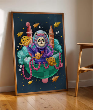 Whimsical space panda illustration with planets and stars