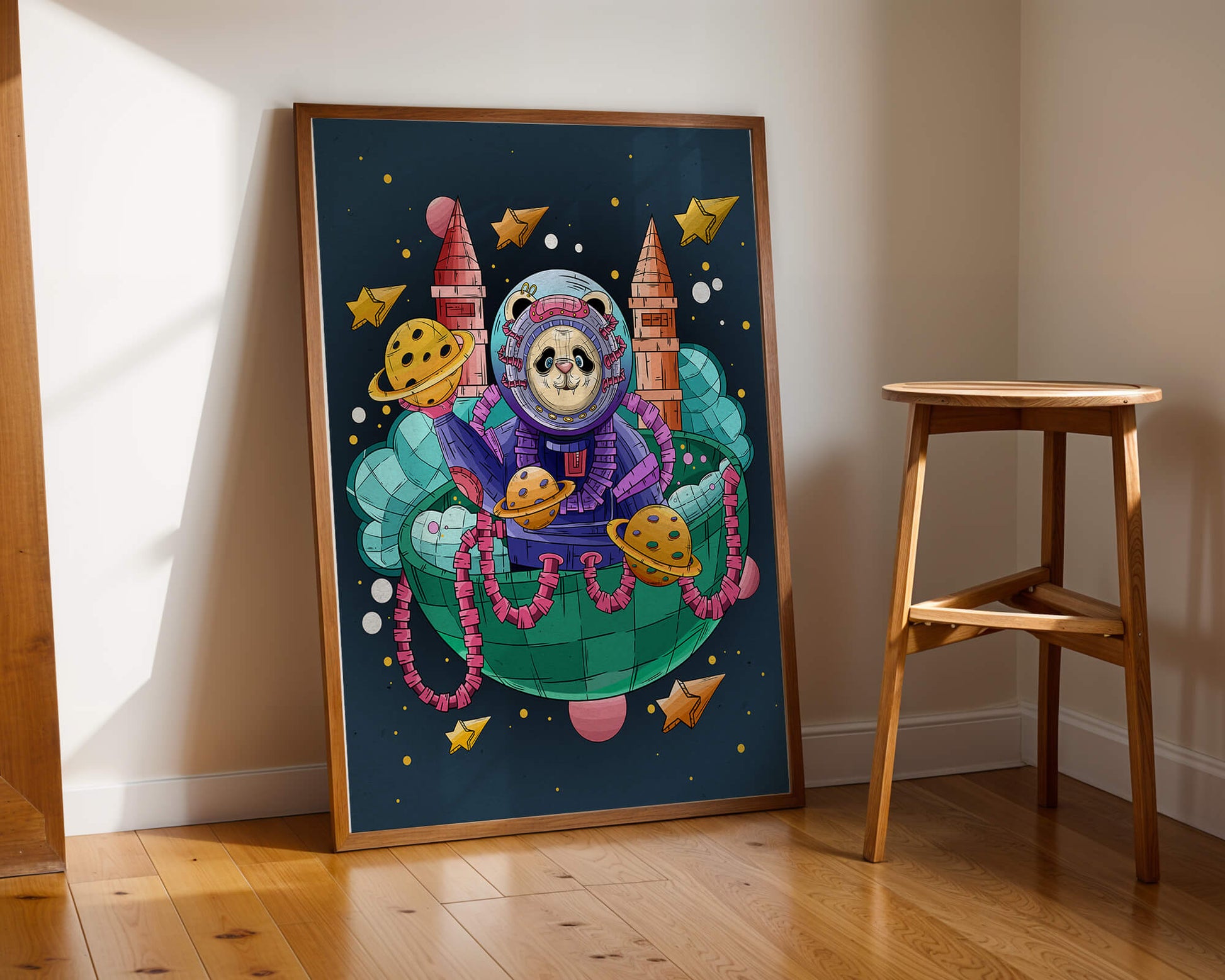 Whimsical space panda illustration with planets and stars