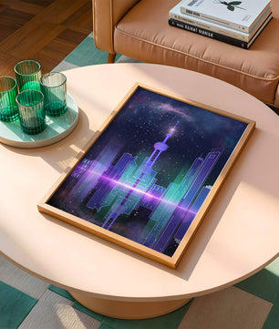 Futuristische Skyline mit leuchtenden Türmen unter sternenklarer Nacht