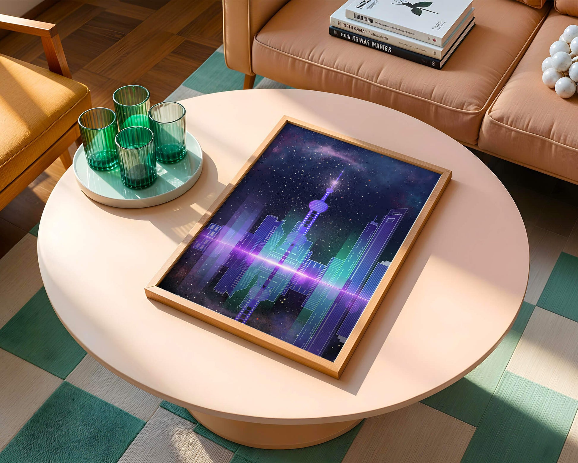 Futuristische Skyline mit leuchtenden Türmen unter sternenklarer Nacht