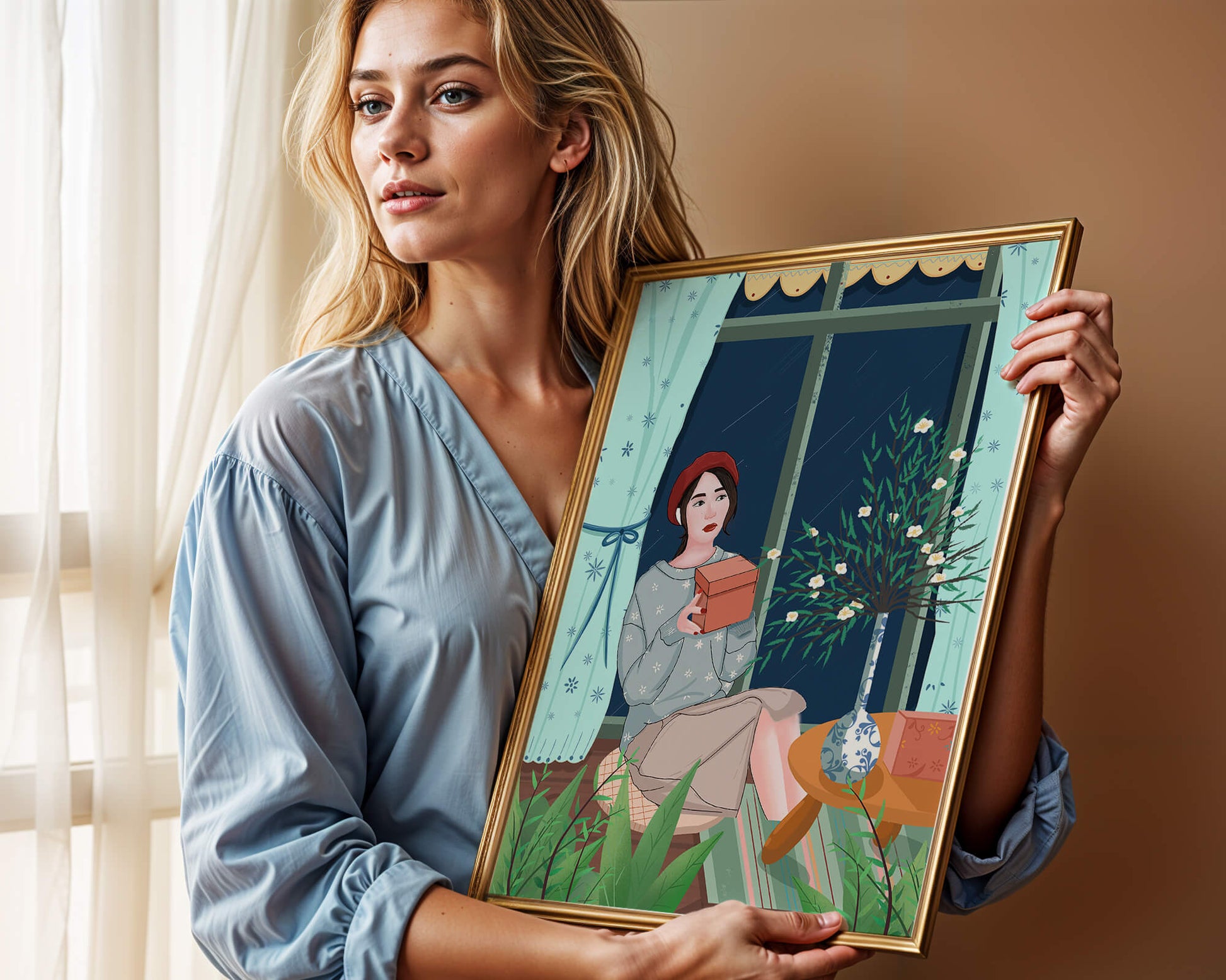 Mujer sosteniendo una caja de regalo en un interior acogedor con flores y ventana lluviosa