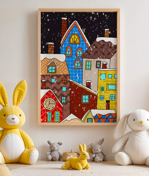 Farbenfrohe Winterstadtlandschaft mit schneebedeckten Häusern im Cartoon-Stil
