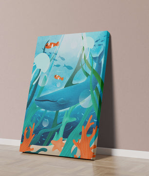 Underwater scene with whale, fish, and sea plants illustration