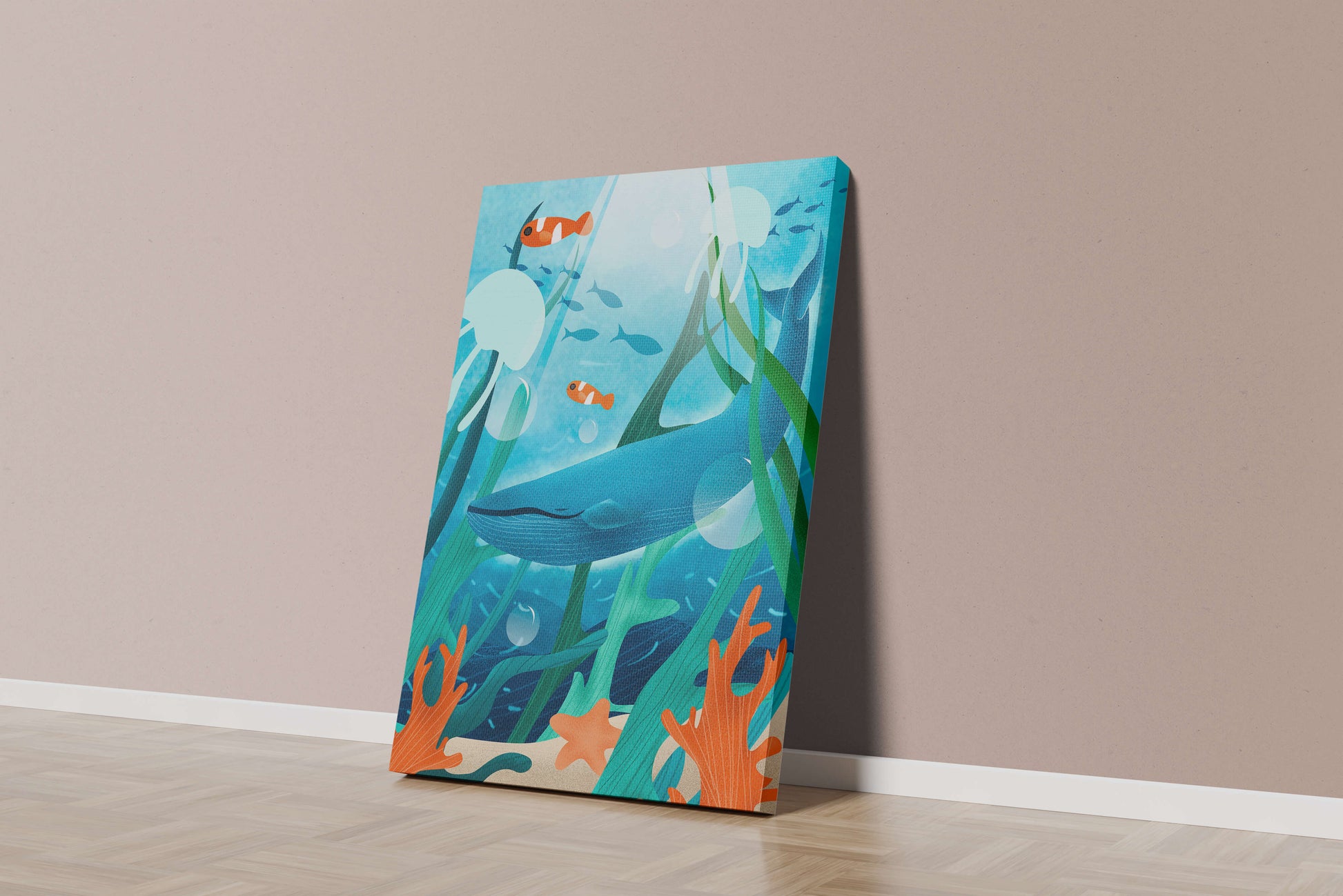 Underwater scene with whale, fish, and sea plants illustration