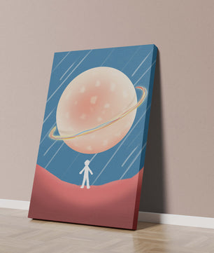 Illustration Of A Large Planet Against A Stardust Background With A Small Figure In The Foreground