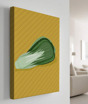 Illustrated bok choy on vibrant yellow background with stripes