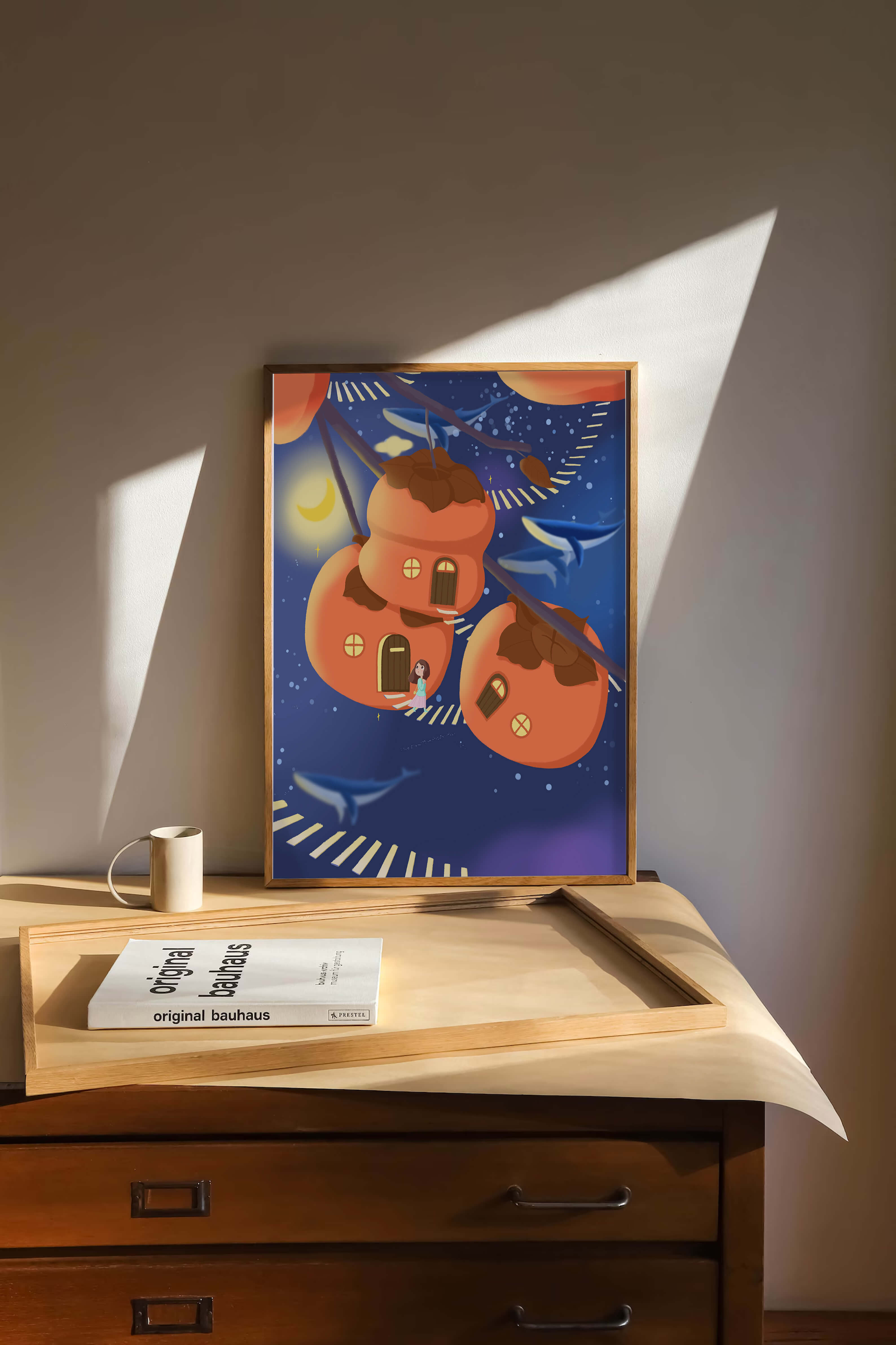 Whimsical night scene with floating persimmon houses and swimming whales