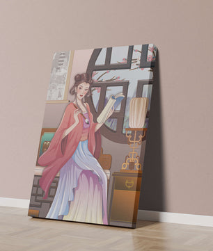 Illustrated scene of a woman in traditional attire reading by a window
