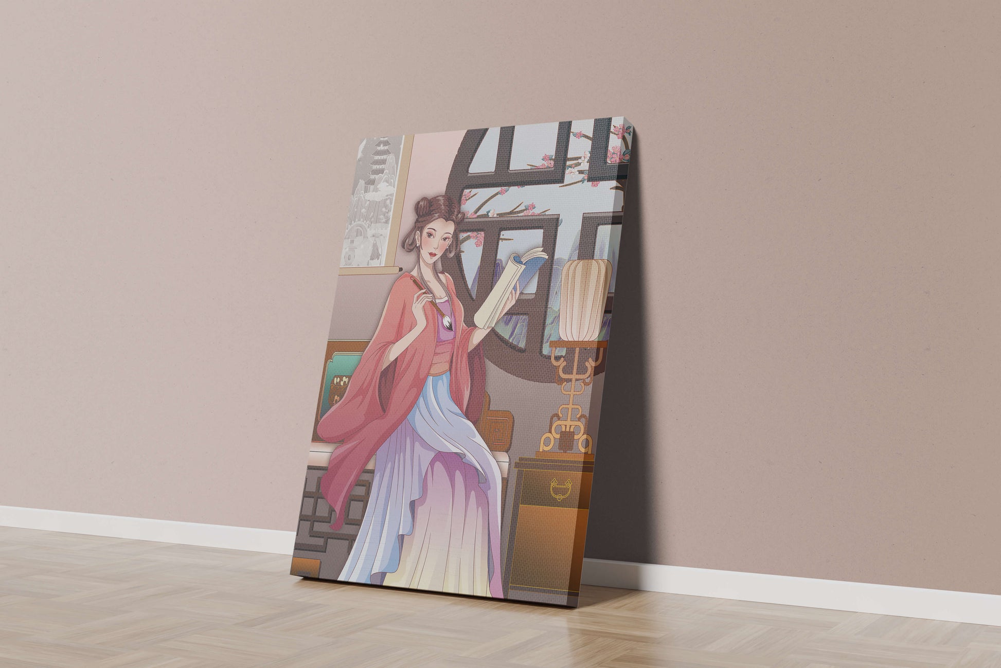 Illustrated scene of a woman in traditional attire reading by a window