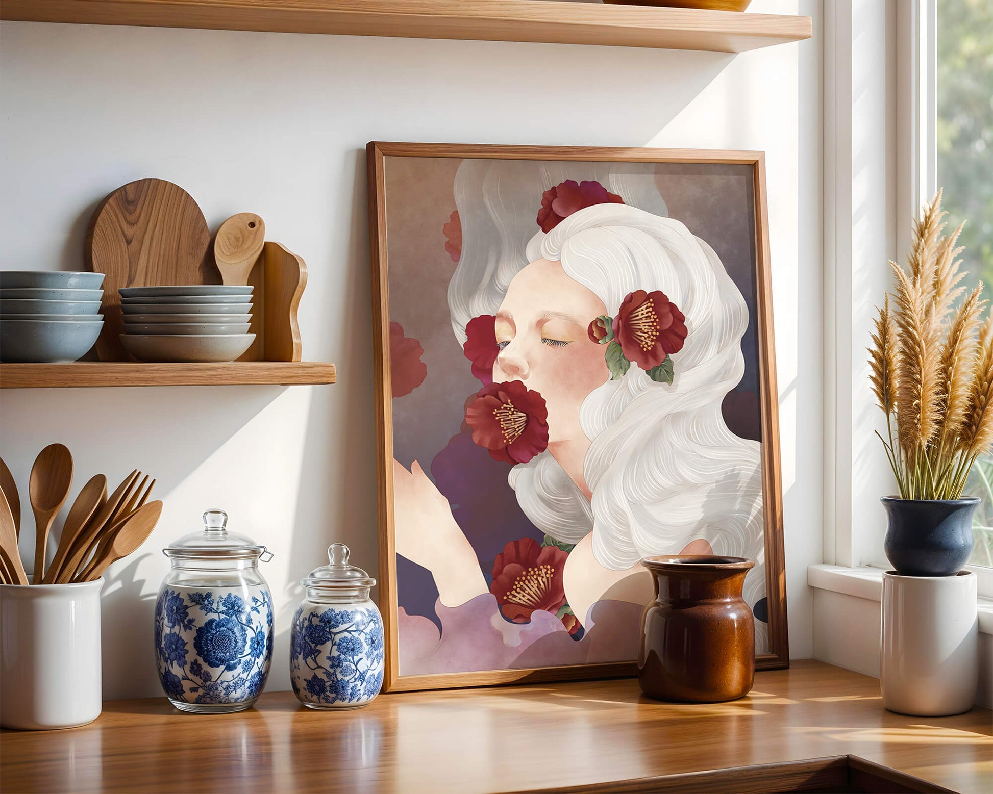 Dreamy Portrait of a Woman with White Hair and Red Flowers