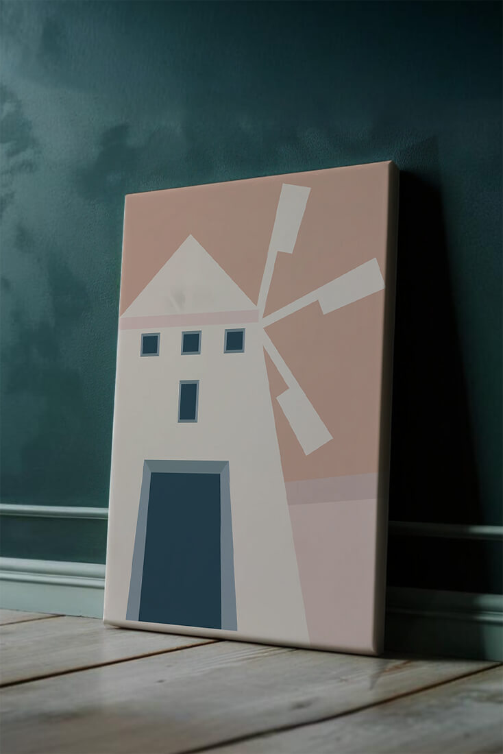 Minimalist geometric house illustration on pastel background